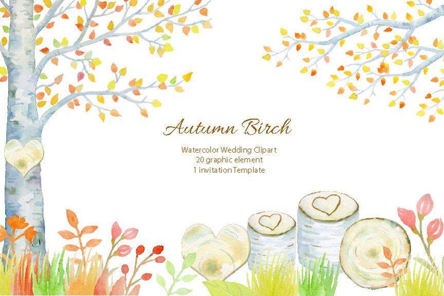 Wedding - Wedding clipart - watercolor autumn birch tree, birch tree in fall color,  printable instant download