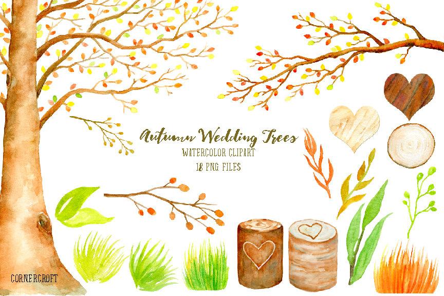 Свадьба - Wedding clipart - watercolor autumn beech tree, beech tree in fall color,  printable instant download