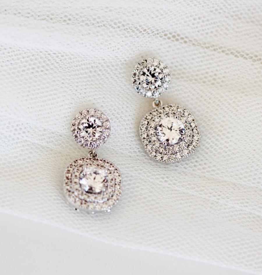 زفاف - Crystal Bride Earrings Princess Wedding Jewelry Round Square Halo Earrings Cubic Zirconia Post Earrings Lux Bridal Jewelry