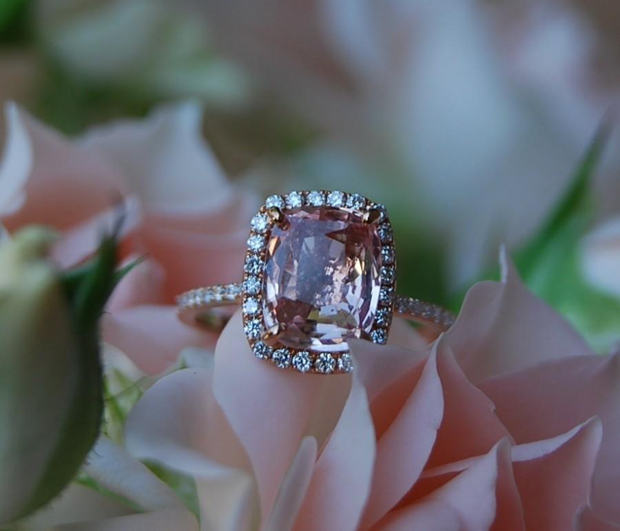 Wedding - Peach Sapphire Ring Rose Gold Engagement Ring 4.6ct cushion 14k rose gold diamond ring. Engagement rings by Eidelprecious.
