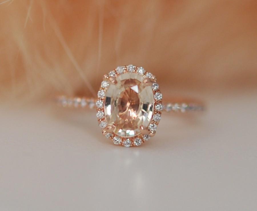 زفاف - Rose gold ring. Peach sapphire diamond ring. 14k rose gold oval sapphire ring. Engagement rings by Eidelprecious.