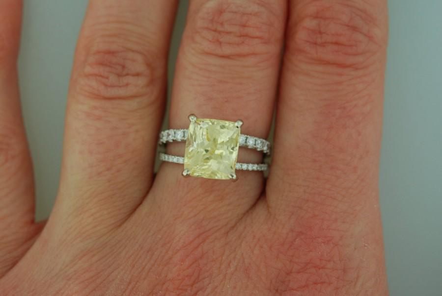 Свадьба - Yellow sapphire engagement ring. 18k white gold diamond ring. GIA certified 5.46ct Champagne cushion sapphire ring by Eidelprecious