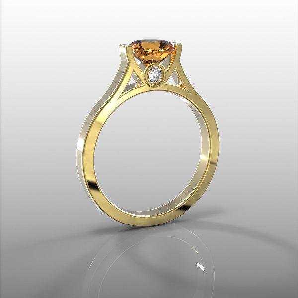 زفاف - 10k yellow gold engagement ring,7mm round natural citrine and two 2mm white diamonds(G-H/VS-SI), , AKR-471