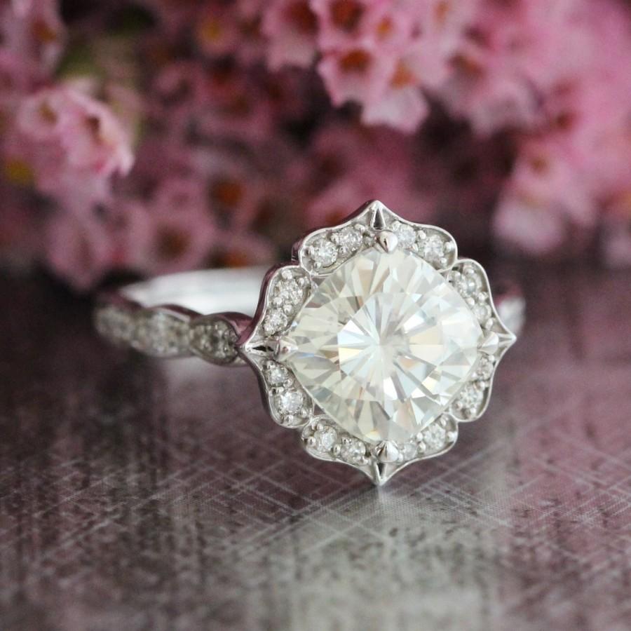 Hochzeit - Floral Moissanite Engagement Ring in 14k White Gold Scalloped Diamond Wedding Band 8x8mm Cushion FB Moissanite Ring (Bridal Set Available)