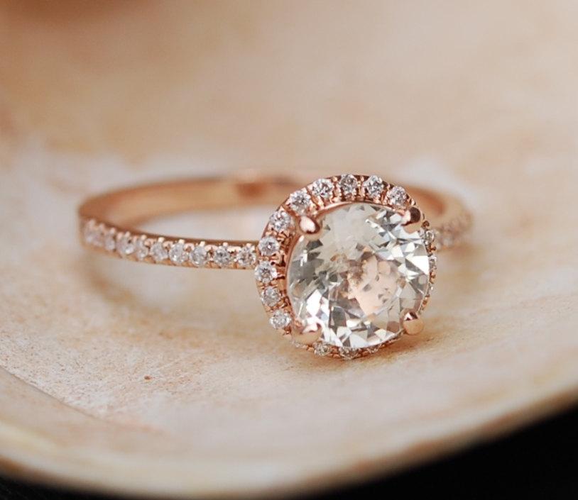 زفاف - Rose Gold Diamond Ring, Rose Gold Engagement Ring, Diamond Engagement Ring, White Sapphire Engagement Ring, Diamond Halo Engagement Ring
