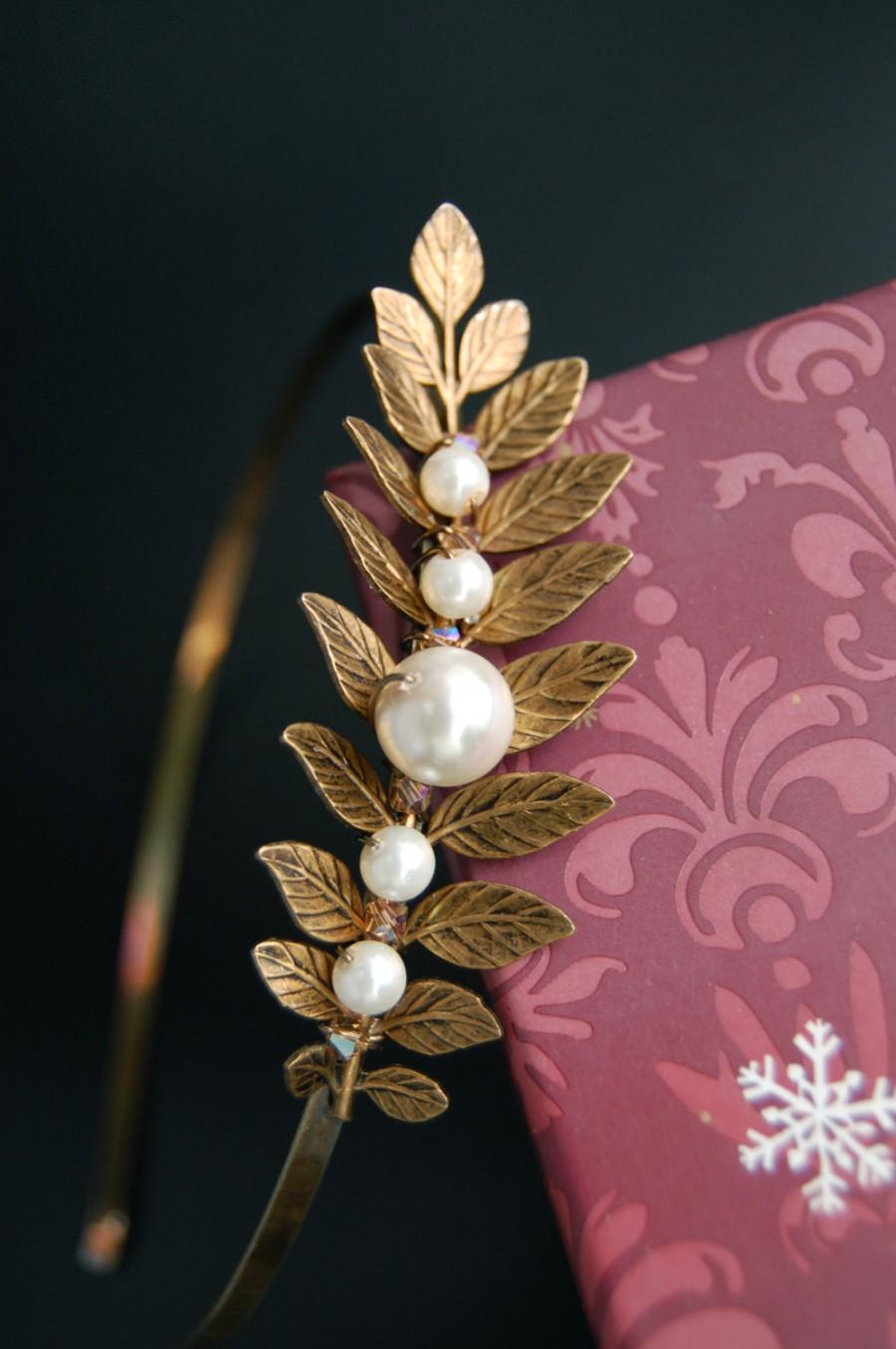Wedding - Ready to Ship-OAK-Gold LeavesTopaz Crystal Crown/Pearl Nature Inspired Bridal Headpiece-Brass