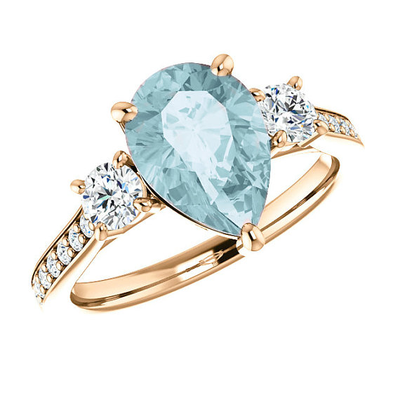 زفاف - 10x8mm Pear Aquamarine & Diamond Engagement Ring, Aquamarine Anniversary Rings for Women 14k, Rose Gold, Pear Gemstone Rings, Gifts for Her