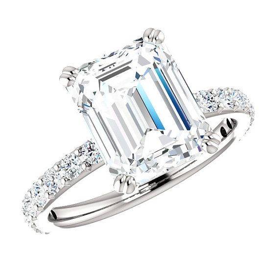 زفاف - Platinum, 4.00 Carat Emerald-Cut SUPERNOVA Moissanite & Diamond Engagement Ring in Platinum, 10x8mm Emerald Moissanite Rings Cyber Monday