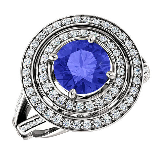 Hochzeit - 7mm Tanzanite & Diamond Double Halo Split Shank Engagement Ring 14k, 18k or Platinum, Gemstone Tanzanite Wedding Rings for Women 1.30 ct