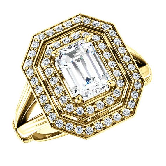 Wedding - 7x5mm Emerald-Cut Forever Brilliant Moissanite & Diamond Double Halo Split Shank Engagement Ring 14k Yellow Gold, Moissanite Rings for Women