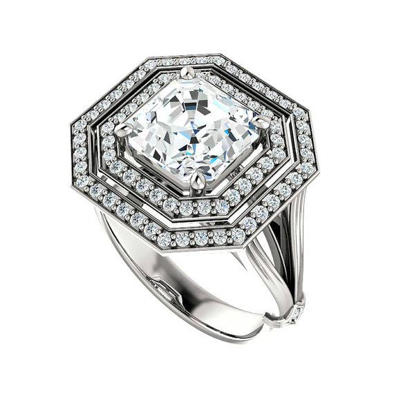 زفاف - 2.25 carat Asscher-Cut Forever One Moissanite & Diamond Double Halo Engagement Ring, Octagon Halo, Forever One Moissanite Engagement Rings