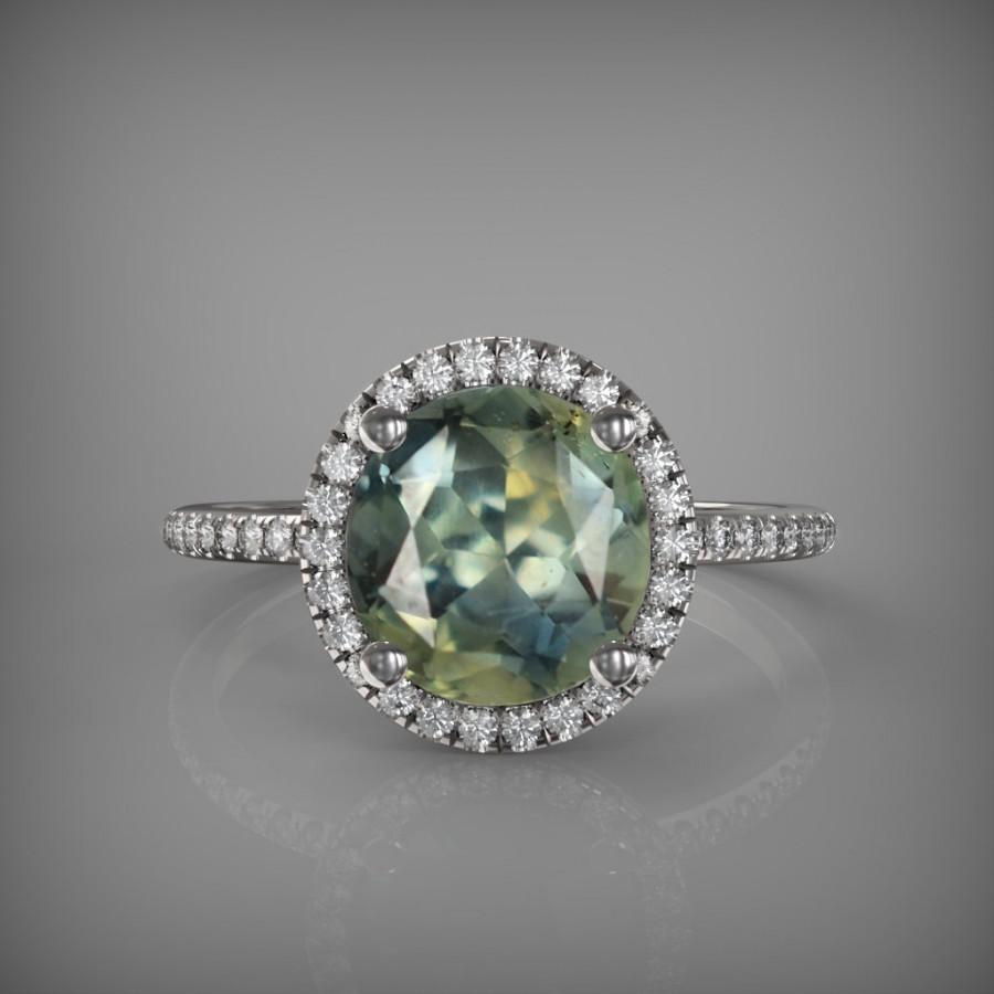 Hochzeit - Certified 2.54 carat certified natural cushion green sapphire, 14k gold, diamonds halo engagement ring  Joan-G002