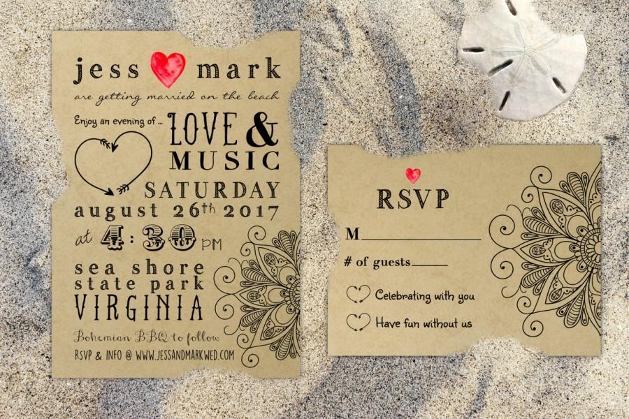 Hochzeit - PRINTABLE Bohemian Rustic Kraft Wedding Invitation & RSVP Mandala Beach invite Boho Chic Gypsy Hippie Ocean Bonfire Wanderlust RSVP Digital
