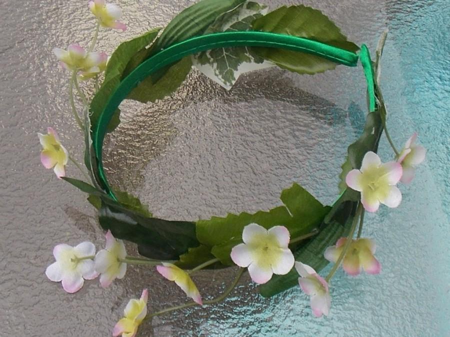 Wedding - Leafy Green Fairy Headband Crown with Wreath of Small White and Pink Flowers for Woodland Dress Up, Spring Weddings, or Festivals C09