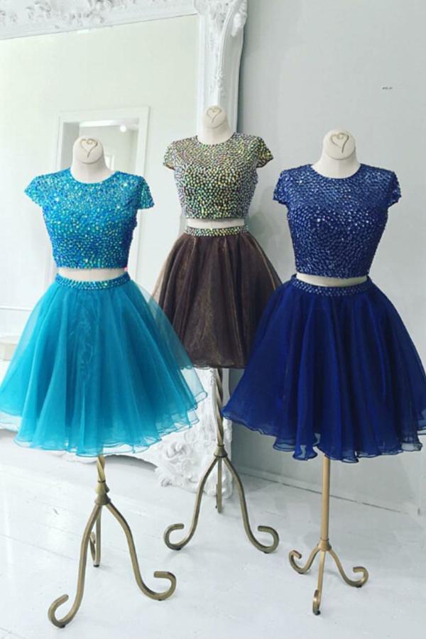 Mariage - Cute Two pieces Cap Sleeves Organza Homecoming Dress with Beaded
