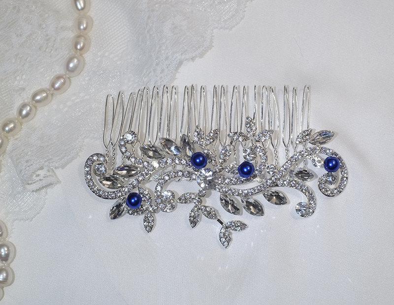 Hochzeit - Wedding something blue Bridal comb Wedding hair comb Downton Abbey silver rhinestone hair piece with pearls