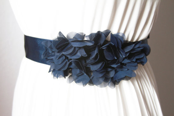 Bridal Navy Blue Chiffon Flower Sash Belt - Wedding Dress Sashes Belts