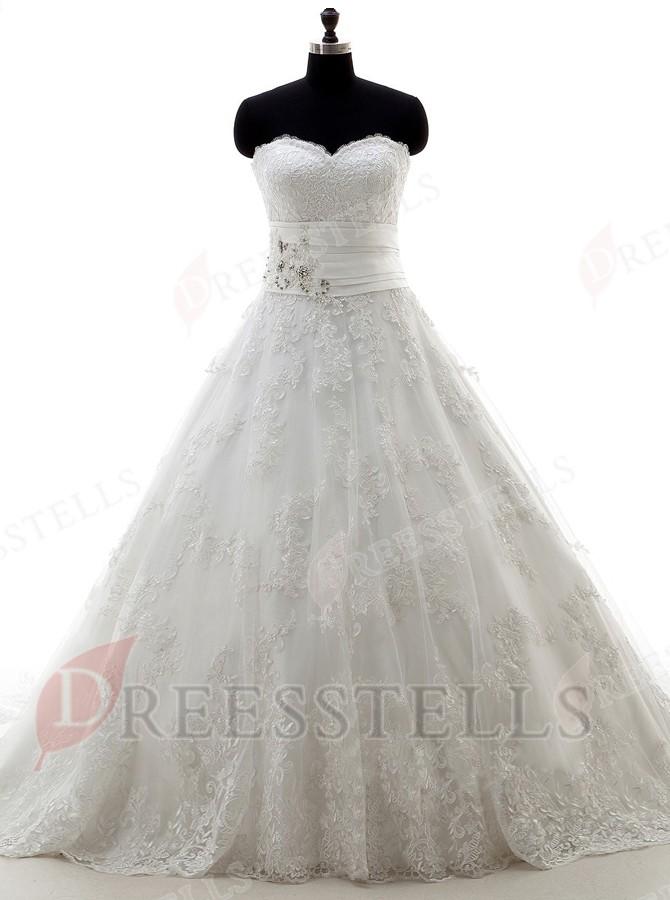 Mariage - A-line Wedding Dress - Sweetheart Tulle Court Train Lace-up Appliques Beading