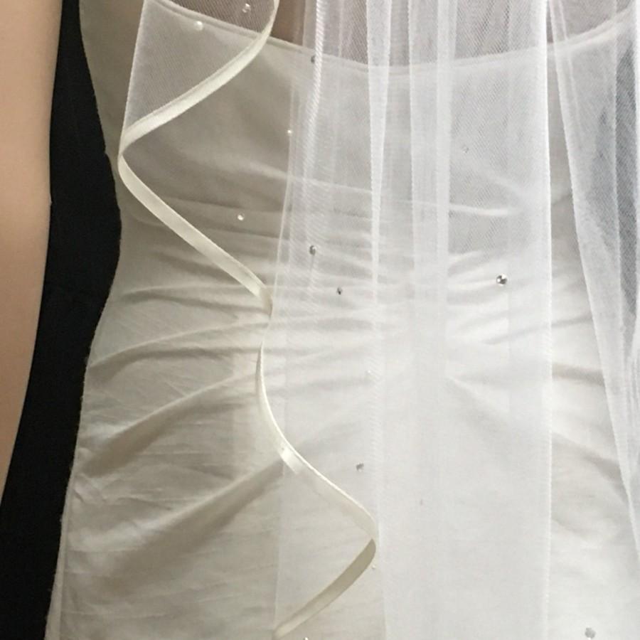 Hochzeit - RHINESTONE & Pearl Angel Cut Wedding VEIL, 1/4 Inch Ribbon, Satin Edge Veil, Very Beautiful, Single Layer