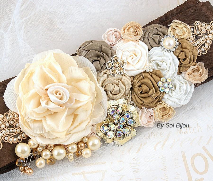 Mariage - Sash, Weddng, Bridal, Chocolate, Brown, Ivory, Cream, Gold, Tan, Champagne, Beige, Pearls, Lace, Crystals, Vintage Wedding