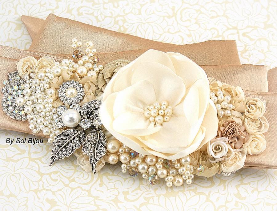 زفاف - Sash, Bridal, Wedding, Jeweled, Tan, Beige, Champagne, Ivory, Pearls, Crystals, Brooch, Satin, Elegant, Vintage, Gatsby Style