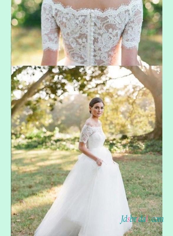 زفاف - Beautiful illusion lace back short sleeves tulle wedding dress