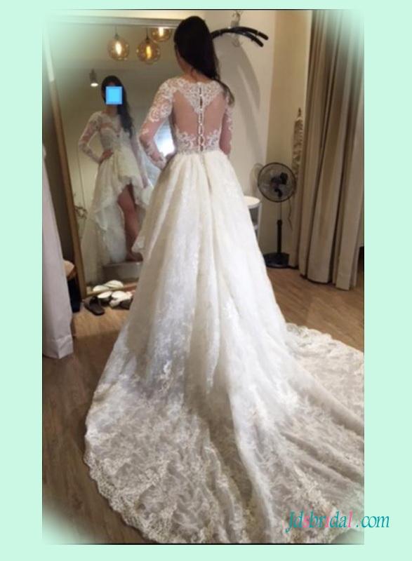 Mariage - Sexy illusion sheer back long sleeved high low wedding dress