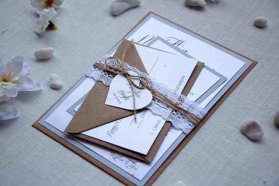 زفاف - Rustic Chic Wedding Invitation Kit, Grey Wedding Invitation, Custom Invitations, Lace Wedding Invites, Country Wedding Invite - SAMPLE