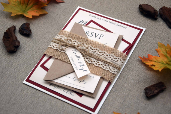 Hochzeit - Fall Wedding Invitation, Autumn Wedding Invitation Kit, Personalized Invitation, Unique Invitation, Rustic Lace Invites - SAMPLE