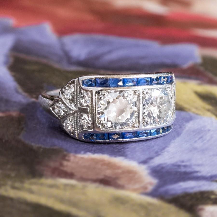 Wedding - Art Deco 1930's Vintage 1.6ct t.w. Old European Cut Diamond & Sapphire Engagement Anniversary Ring Platinum