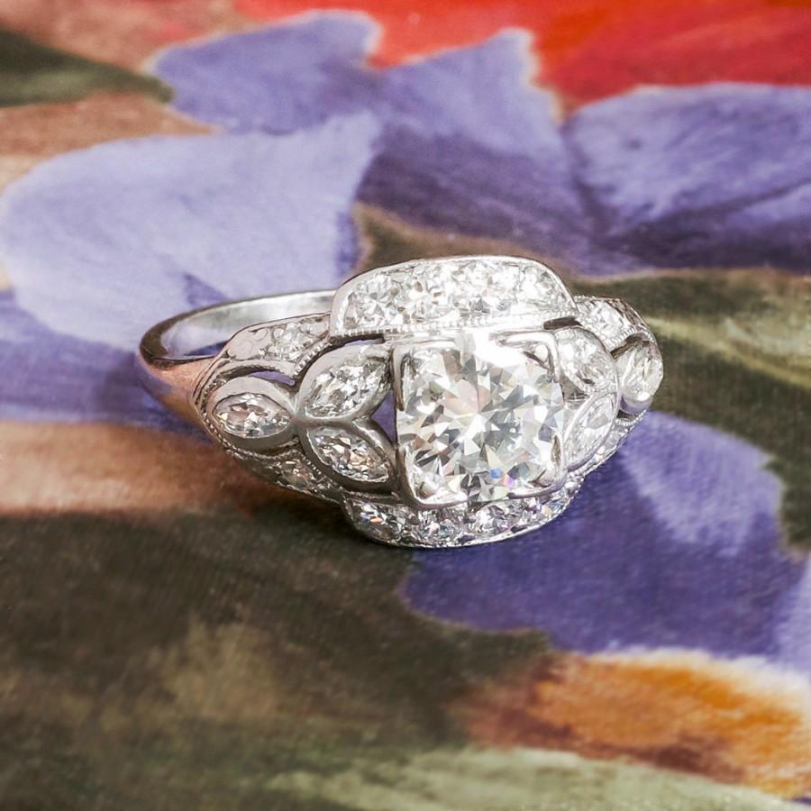 زفاف - Vintage Art Deco 1930's 1.36ct t.w. Diamond Engagement Anniversary Wedding Ring Platinum