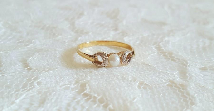 زفاف - Luna Art Nouveau Gypsy Pearl and Diamond Engagement Ring in 9ct Yellow and White Gold, Pear Engagement Ring, Vintage Engagement, Weddings