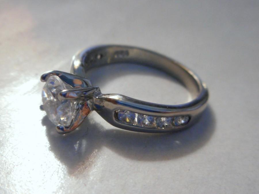 Wedding - Vintage Princess cut CZ & Sterling Silver Engagement ring with Channel set accent stones.  Size 4.75
