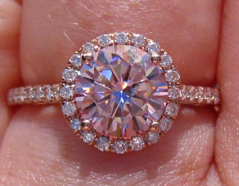 Hochzeit - Pink Moissanite Engagement Ring, Rose Gold Engagement Ring, Pink Moissanite Rose Gold Diamond Halo Engagement Ring