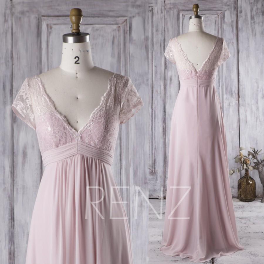 Mariage - 2016 Blush V Neck Lace Bridesmaid Dress, A Line Chiffon Wedding Dress, Cap Sleeves Prom Dress, Open Back Evening Gown Floor Length (H287)