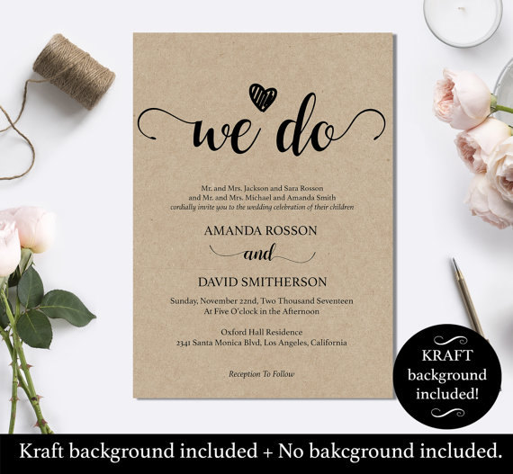 Hochzeit - We Do Wedding Invitation Template - Rustic Kraft We Do Wedding Invitation - Instant download wedding invitation template 