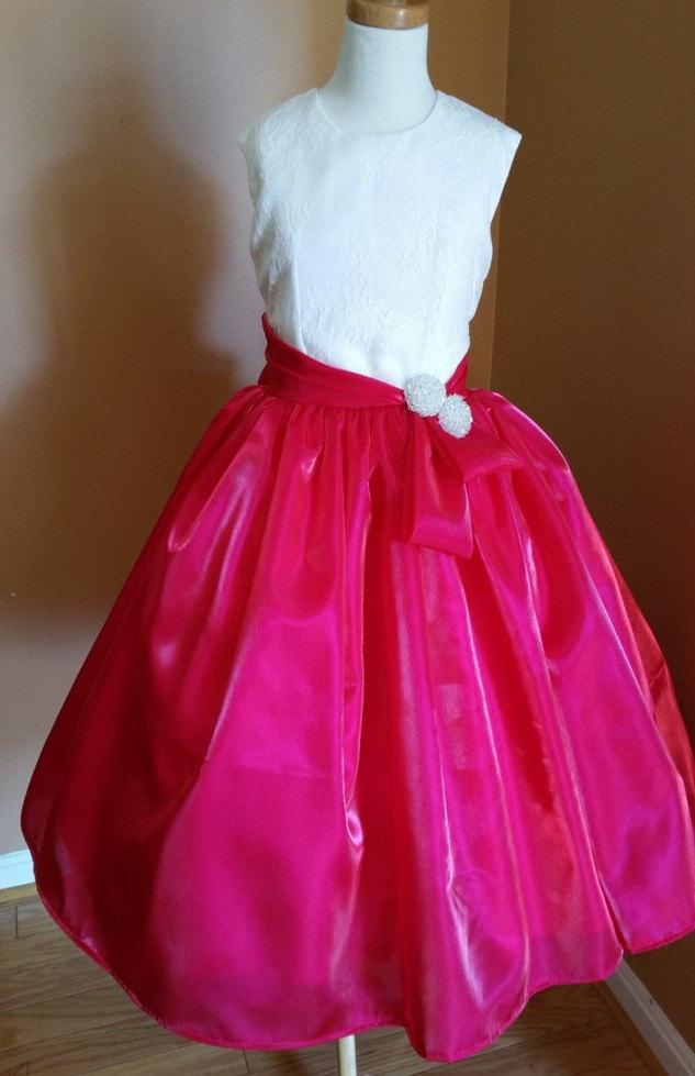 Hochzeit - Girls Festive Pink Formal Dress with Chantilly Lace & 2 Big Jeweled Buttons, Handmade Girls Satin Organza Full Skirt Party Celebration Dress