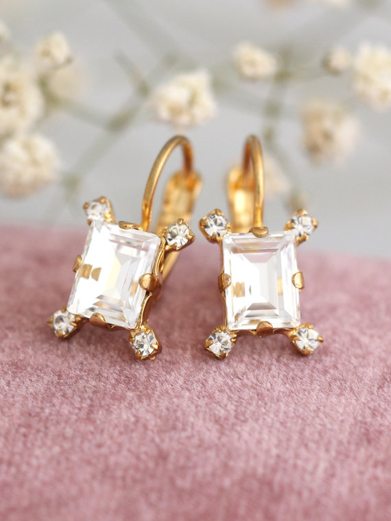 Hochzeit - Crystal Drop Earrings, Bridal Drop Earrings, Swarovski Earrings, Christmas Gift, Bridesmaids Earrings, Gift For Her, Emerlad Cut Earrings
