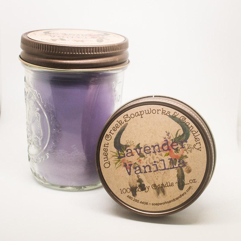 زفاف - Lavender Vanilla Pure Soy Candle in 8oz Mason Jar with Rustic Lid Highly Scented and Long Lasting