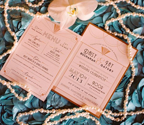 Hochzeit - Art Deco Wedding Invitation, Great Gatsby wedding, Roaring 20s Wedding, shimmer paper, art deco menu, art deco save the date