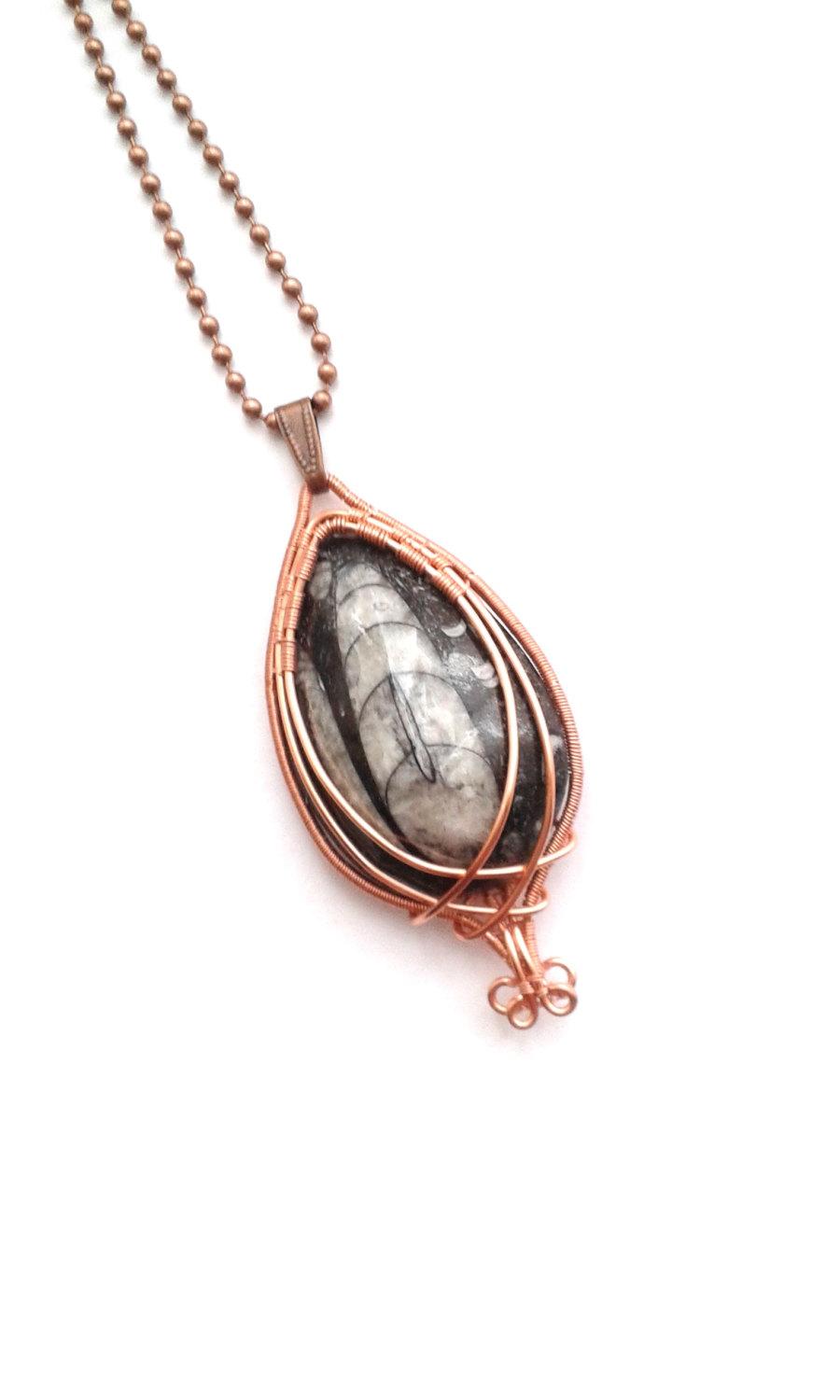Wedding - Wire Wrapped Copper Orthoceras Necklace, Wire Fossil Jewelry, Wire Wrapped Pendant, Wire Weaved Natural Crystal Jewelry, Unique Gift Idea