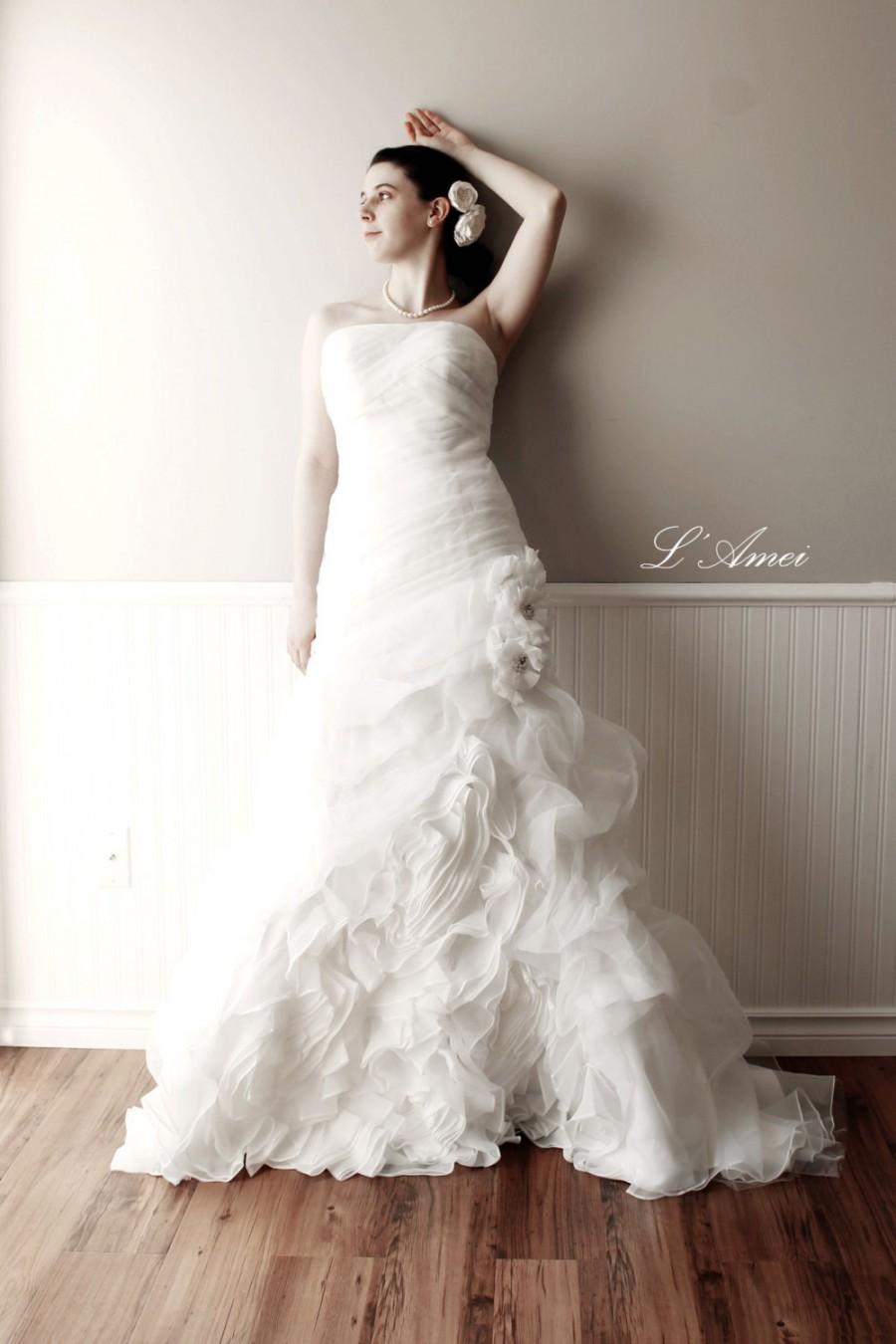 Wedding - Black or Ivory Strapless Organza Flower Mermaid Wedding Gown Bridal Dress with Puffy Train