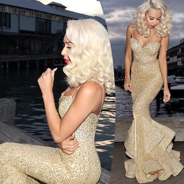 زفاف - Charming Sexy Prom Dress - Gold Spaghetti Straps Mermaid with Split