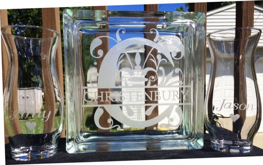زفاف - Personalized -  Glass Block - Sand Ceremony Set - Split Regal Letter - with Last name and 2 pouring vases Etched Glass Engraved Unity Set