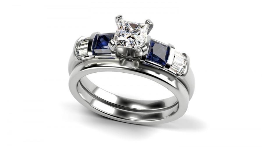 Hochzeit - Half Carat Princess Cut with Sapphire Engagement Ring with Wedding Band