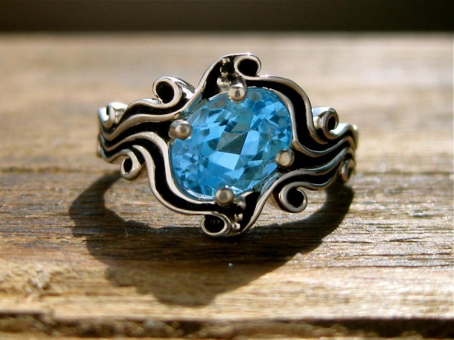 زفاف - Oval Blue Topaz Engagement Ring in Sterling Silver with Ocean Sea Surf Theme and Blackened Waves or Grooves Size 7