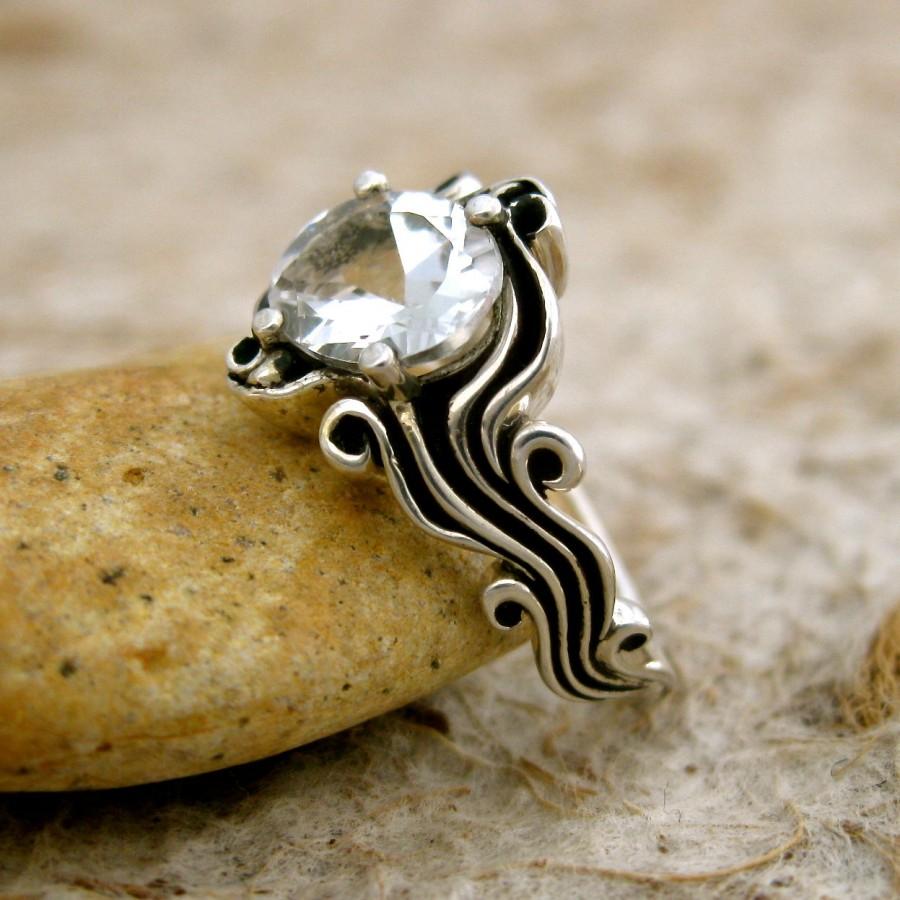 زفاف - Oval White Topaz Engagement Ring in Sterling Silver with Ocean Sea Surf Theme and Blackened Waves or Grooves Size 7