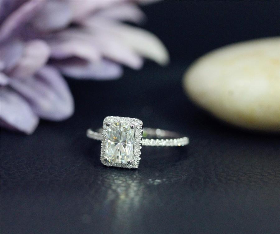 Hochzeit - 1ct 5x7mm Charles & Colvard Radiant Brilliant Moissanite Wedding Ring Solid 14K White Gold Ring Engagement Ring Anniversary Ring
