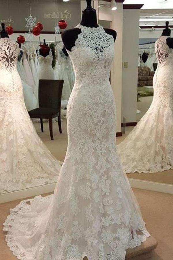 Свадьба - Sexy Halter Mermaid Sleeveless Lace Wedding Dress