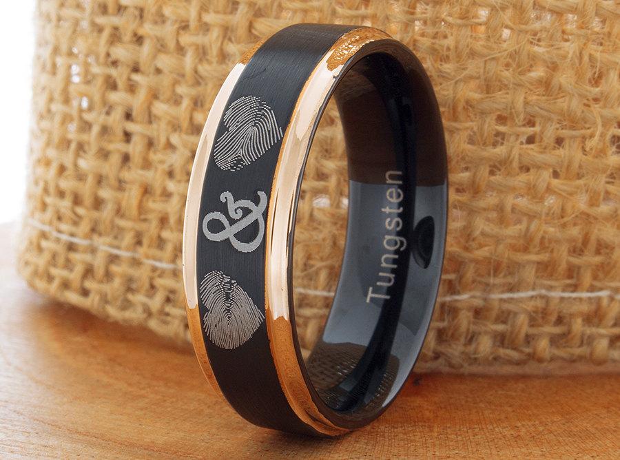 زفاف - Tungsten Fingerprint  Ring 7mm Black And Rose Gold Tungsten Wedding  Ring Anniversary Ring Comfort Fit Mens His Hers Two TonePromise Band